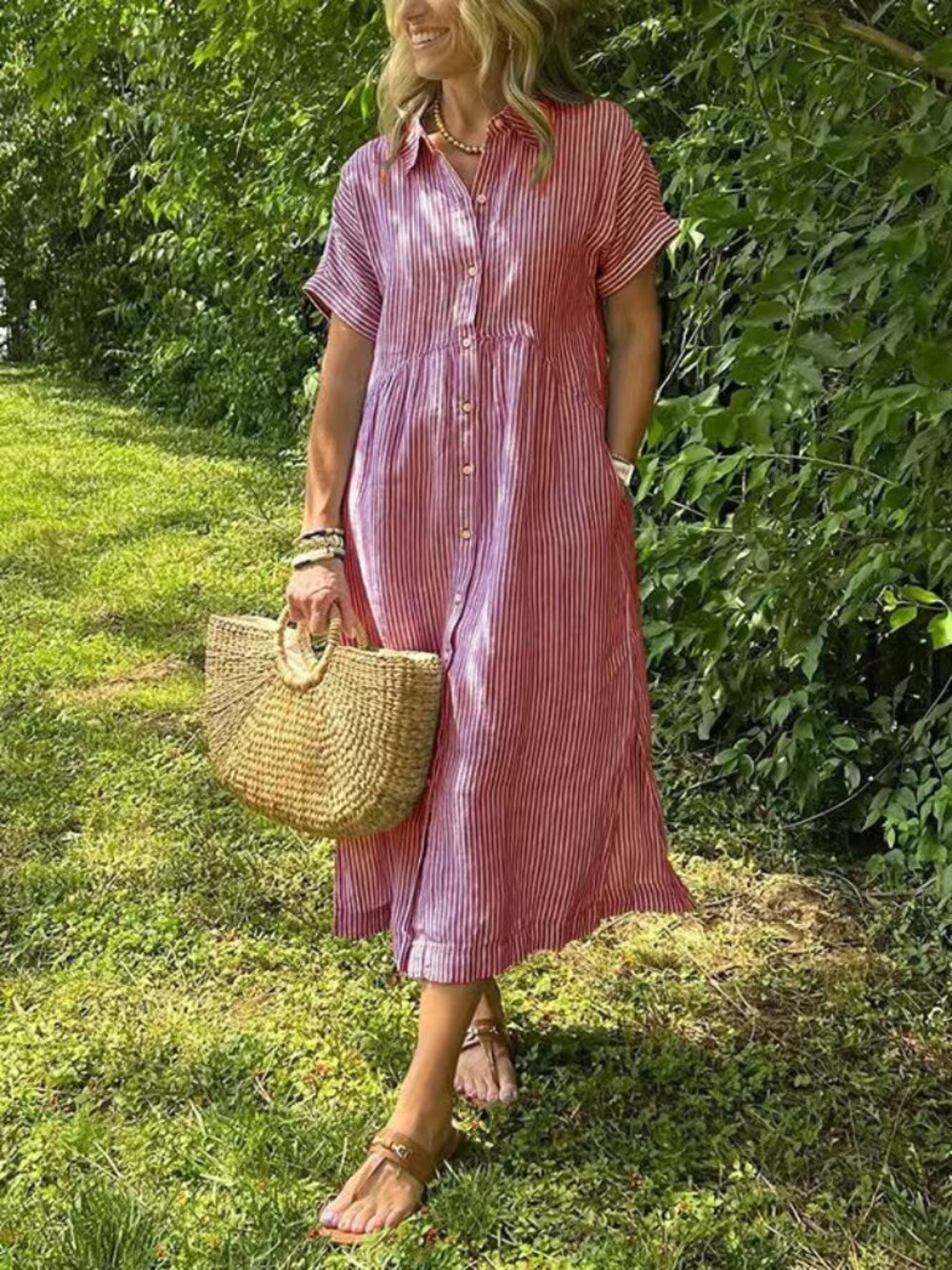 Women's Dusty Rose Striped Collared Short-Sleeve Relaxed Maxi Shirt Dress